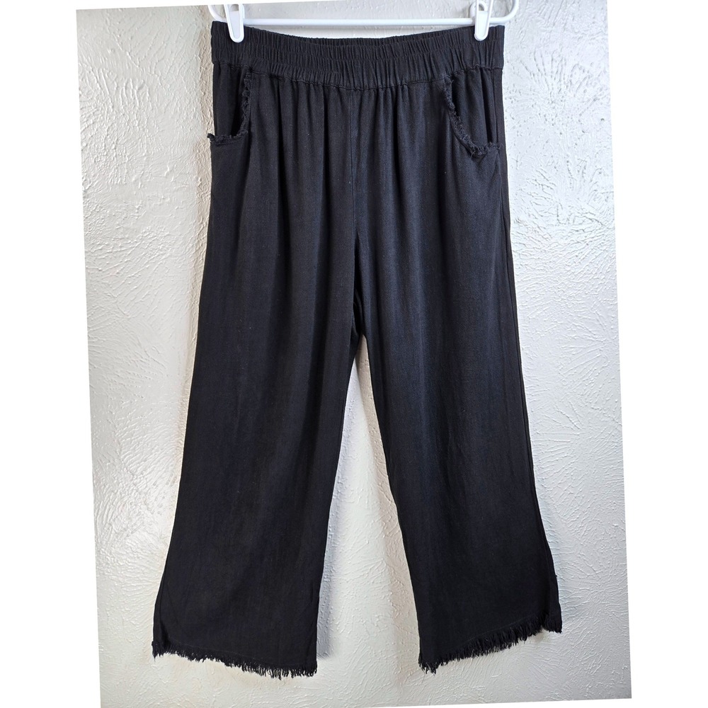 Umgee Wide Leg Crop Pants Sz M Linen Blend Black Frayed Hem Boho Pull On Gaucho